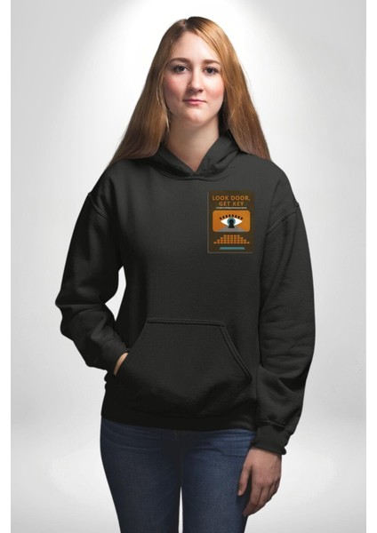 Look Door, Get Key Macera Oyunları Yazma Rehberi Siyah Kapüşonlu Sweatshirt Kadın Erkek Ön Minimal Sırt Baskılı indirimleri