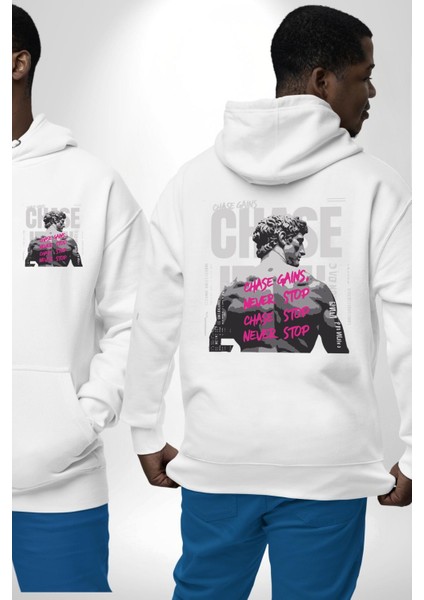 Güçlü Başlangıç Asla Durma Fitness Motivasyonu Beyaz Kapüşonlu Sweatshirt Kadın Erkek Ön Minimal Sırt Baskılı