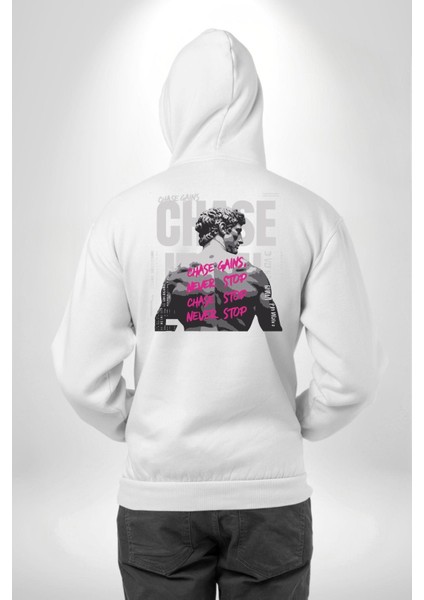 Güçlü Başlangıç Asla Durma Fitness Motivasyonu Beyaz Kapüşonlu Sweatshirt Kadın Erkek Ön Minimal Sırt Baskılı modelleri