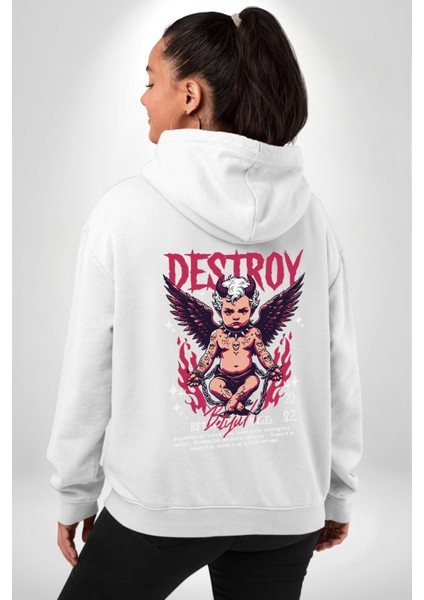 Ihanet Meleği Intikam Yıkım Kızgın Melek Beyaz Kapüşonlu Sweatshirt Kadın Erkek Ön Minimal Sırt Baskılı modelleri