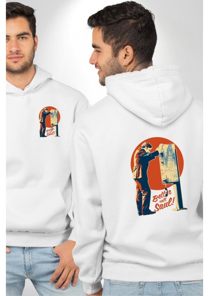 Better Call Saul Dizi Temalı Hukuk Beyaz Kapüşonlu Sweatshirt Kadın Erkek Ön Minimal Sırt Baskılı