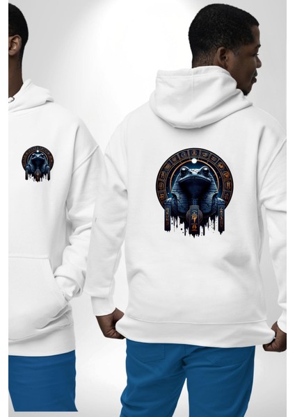 Gece ve Kaos Temalı Mistik Kek Tanrısı Mısır Beyaz Kapüşonlu Sweatshirt Kadın Erkek Ön Minimal Sırt Baskılı