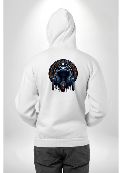 Gece ve Kaos Temalı Mistik Kek Tanrısı Mısır Beyaz Kapüşonlu Sweatshirt Kadın Erkek Ön Minimal Sırt Baskılı modelleri