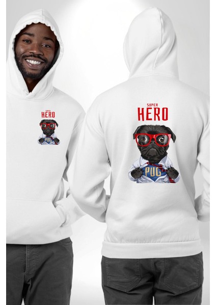 Süper Pug Kahraman Köpek Beyaz Kapüşonlu Sweatshirt Kadın Erkek Ön Minimal Sırt Baskılı