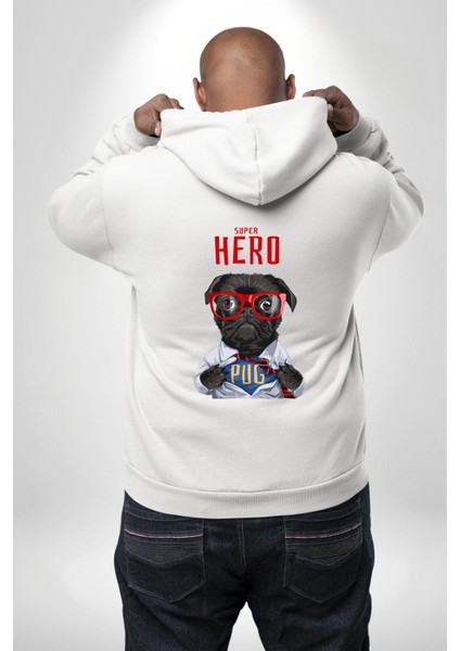 Süper Pug Kahraman Köpek Beyaz Kapüşonlu Sweatshirt Kadın Erkek Ön Minimal Sırt Baskılı modelleri