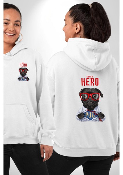 Süper Pug Kahraman Köpek Beyaz Kapüşonlu Sweatshirt Kadın Erkek Ön Minimal Sırt Baskılı fırsatları