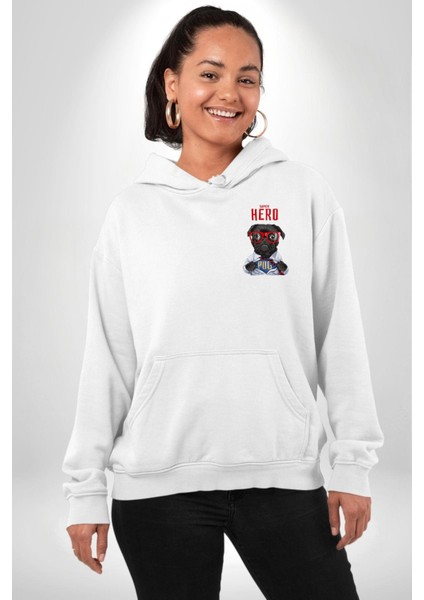 Süper Pug Kahraman Köpek Beyaz Kapüşonlu Sweatshirt Kadın Erkek Ön Minimal Sırt Baskılı indirimleri