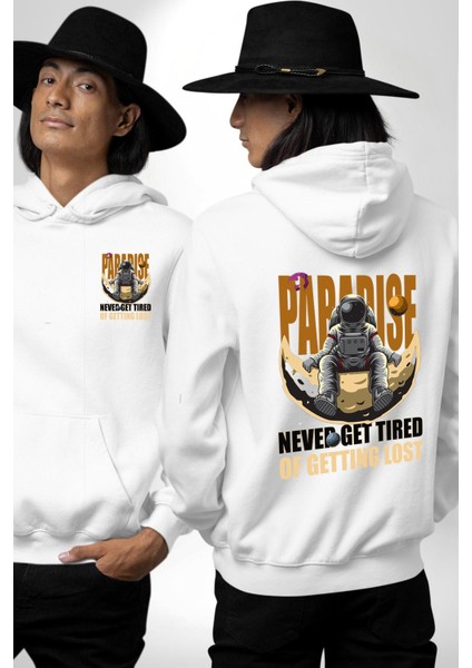 Uzayda Kaybolmayı Sevenler Için Astronot Beyaz Kapüşonlu Sweatshirt Kadın Erkek Ön Minimal Sırt Baskılı