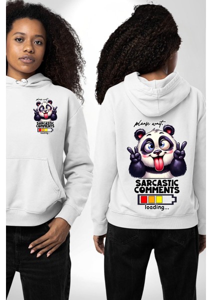 Eğlenceli Panda Mizahi Yükleniyor Yükleme Durumu Beyaz Kapüşonlu Sweatshirt Kadın Erkek Ön Minimal Sırt Baskılı
