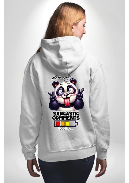 Eğlenceli Panda Mizahi Yükleniyor Yükleme Durumu Beyaz Kapüşonlu Sweatshirt Kadın Erkek Ön Minimal Sırt Baskılı modelleri