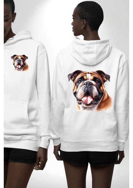 Efsane Bulldog Köpek Dostu Beyaz Kapüşonlu Sweatshirt Kadın Erkek Ön Minimal Sırt Baskılı