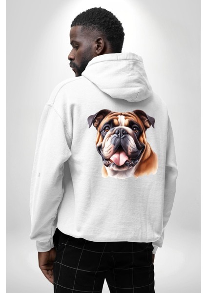 Efsane Bulldog Köpek Dostu Beyaz Kapüşonlu Sweatshirt Kadın Erkek Ön Minimal Sırt Baskılı modelleri