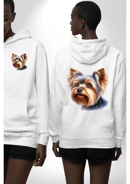 Yorkshire Terrier Teacup Mini Köpek Aşkı Beyaz Kapüşonlu Sweatshirt Kadın Erkek Ön Minimal Sırt Baskılı