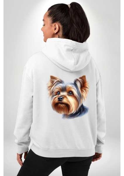 Yorkshire Terrier Teacup Mini Köpek Aşkı Beyaz Kapüşonlu Sweatshirt Kadın Erkek Ön Minimal Sırt Baskılı modelleri