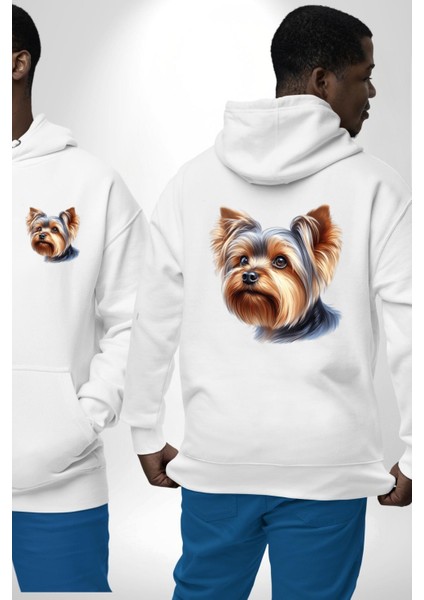 Yorkshire Terrier Teacup Mini Köpek Aşkı Beyaz Kapüşonlu Sweatshirt Kadın Erkek Ön Minimal Sırt Baskılı fırsatları
