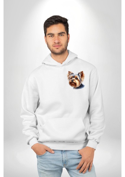 Yorkshire Terrier Teacup Mini Köpek Aşkı Beyaz Kapüşonlu Sweatshirt Kadın Erkek Ön Minimal Sırt Baskılı indirimleri