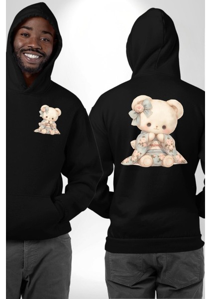 Sevimli Kimonolu Ayıcık Siyah Kapüşonlu Sweatshirt Kadın Erkek Ön Minimal Sırt Baskılı