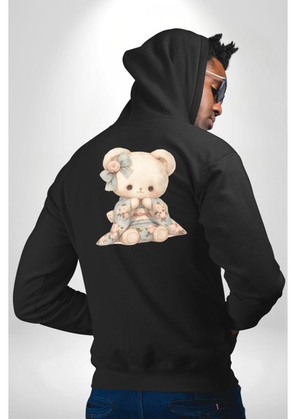 Sevimli Kimonolu Ayıcık Siyah Kapüşonlu Sweatshirt Kadın Erkek Ön Minimal Sırt Baskılı modelleri