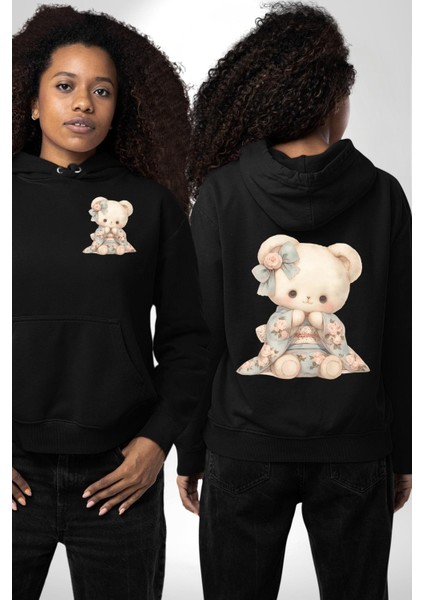 Sevimli Kimonolu Ayıcık Siyah Kapüşonlu Sweatshirt Kadın Erkek Ön Minimal Sırt Baskılı fırsatları