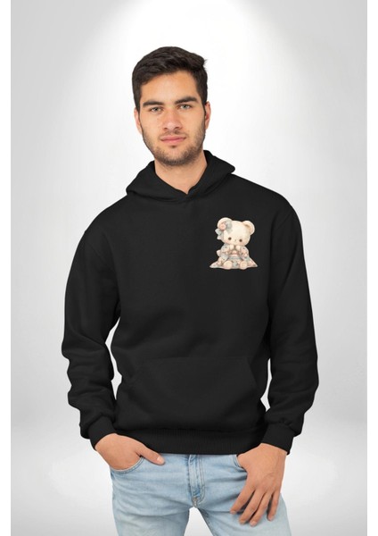 Sevimli Kimonolu Ayıcık Siyah Kapüşonlu Sweatshirt Kadın Erkek Ön Minimal Sırt Baskılı indirimleri