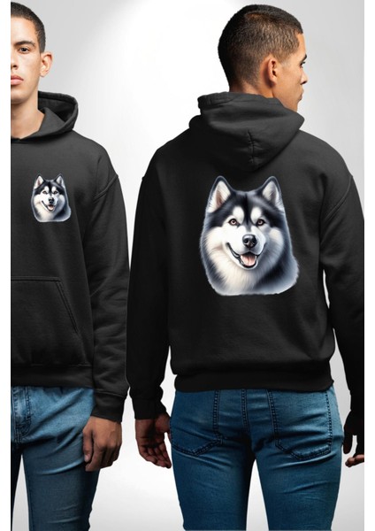 Güçlü Siberian Husky Köpek Büyük Irk Siyah Kapüşonlu Sweatshirt Kadın Erkek Ön Minimal Sırt Baskılı