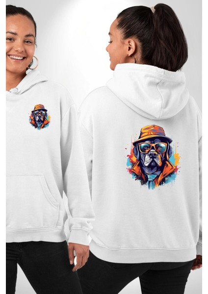 Gözlük Takmış Patron Gangster Köpek Beyaz Kapüşonlu Sweatshirt Kadın Erkek Ön Minimal Sırt Baskılı