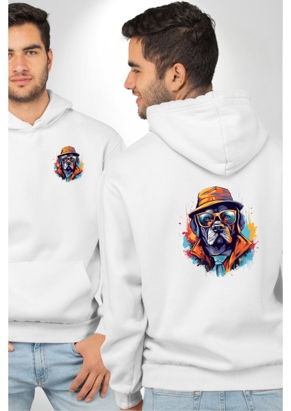 Gözlük Takmış Patron Gangster Köpek Beyaz Kapüşonlu Sweatshirt Kadın Erkek Ön Minimal Sırt Baskılı fırsatları