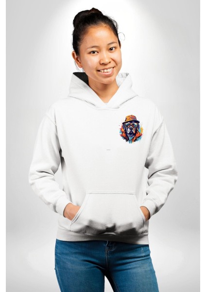 Gözlük Takmış Patron Gangster Köpek Beyaz Kapüşonlu Sweatshirt Kadın Erkek Ön Minimal Sırt Baskılı indirimleri