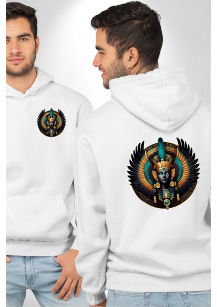 Maat Hakikat, Adalet ve Kozmik Denge Tanrıçası Beyaz Kapüşonlu Sweatshirt Kadın Erkek Ön Minimal Sırt Baskılı