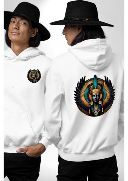 Maat Hakikat, Adalet ve Kozmik Denge Tanrıçası Beyaz Kapüşonlu Sweatshirt Kadın Erkek Ön Minimal Sırt Baskılı fırsatları