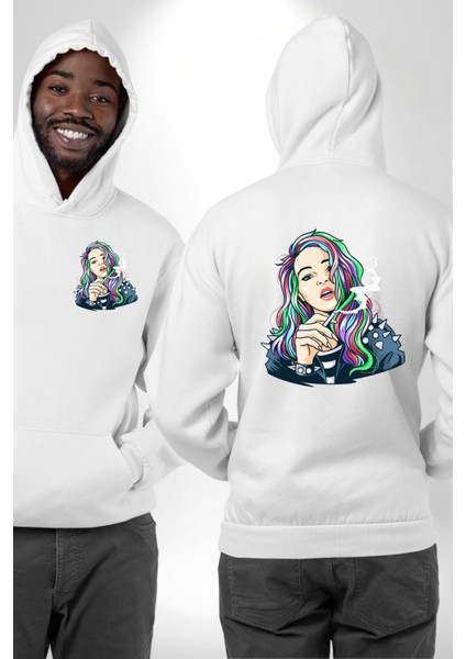 Yasakları Yık, Renkleri Yakala! Beyaz Kapüşonlu Sweatshirt Kadın Erkek Ön Minimal Sırt Baskılı