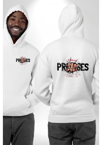 Yalanlarını Tut, Sözlerini Kır! Beyaz Kapüşonlu Sweatshirt Kadın Erkek Ön Minimal Sırt Baskılı fırsatları