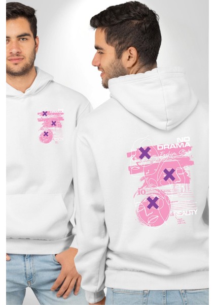 Drama Olmadan Moda Beyaz Kapüşonlu Sweatshirt Kadın Erkek Ön Minimal Sırt Baskılı
