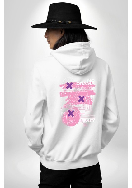 Drama Olmadan Moda Beyaz Kapüşonlu Sweatshirt Kadın Erkek Ön Minimal Sırt Baskılı modelleri