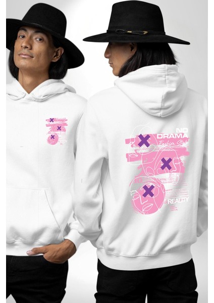 Drama Olmadan Moda Beyaz Kapüşonlu Sweatshirt Kadın Erkek Ön Minimal Sırt Baskılı fırsatları