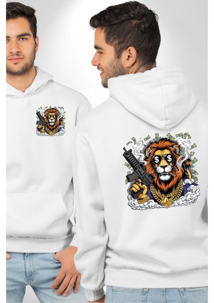 Aslan Gangster Hip-Hop Dolar Aslan Beyaz Kapüşonlu Sweatshirt Kadın Erkek Ön Minimal Sırt Baskılı