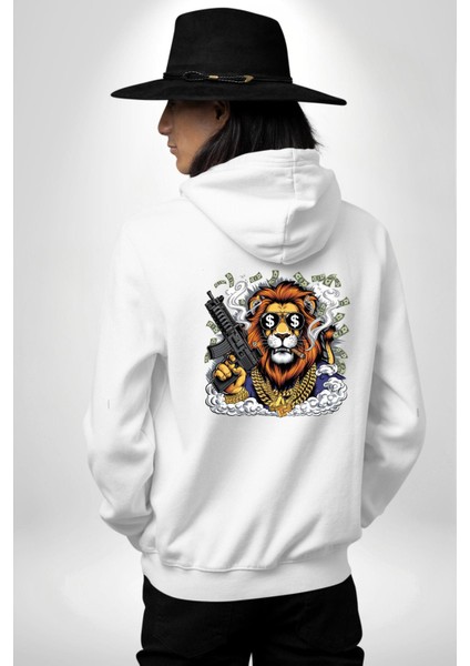 Aslan Gangster Hip-Hop Dolar Aslan Beyaz Kapüşonlu Sweatshirt Kadın Erkek Ön Minimal Sırt Baskılı modelleri