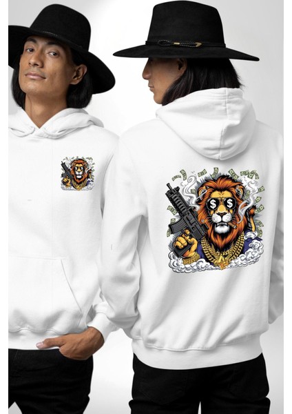 Aslan Gangster Hip-Hop Dolar Aslan Beyaz Kapüşonlu Sweatshirt Kadın Erkek Ön Minimal Sırt Baskılı fırsatları