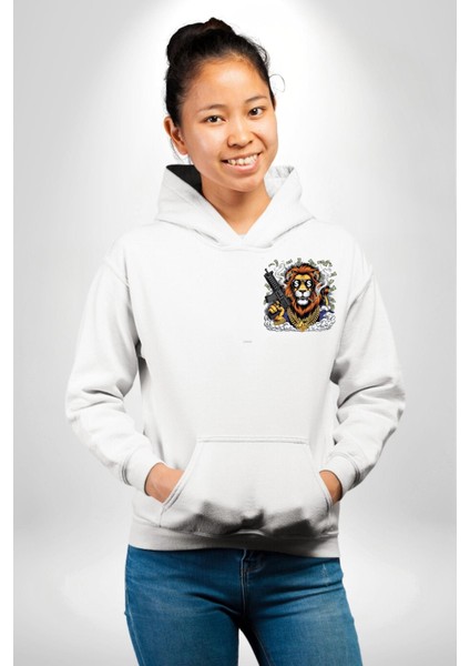 Aslan Gangster Hip-Hop Dolar Aslan Beyaz Kapüşonlu Sweatshirt Kadın Erkek Ön Minimal Sırt Baskılı indirimleri