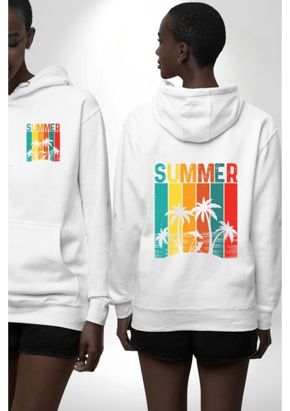 Tropikal Yaz Temalı Beyaz Kapüşonlu Sweatshirt Kadın Erkek Ön Minimal Sırt Baskılı