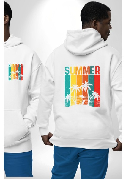 Tropikal Yaz Temalı Beyaz Kapüşonlu Sweatshirt Kadın Erkek Ön Minimal Sırt Baskılı fırsatları