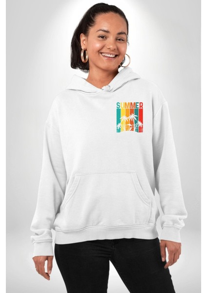 Tropikal Yaz Temalı Beyaz Kapüşonlu Sweatshirt Kadın Erkek Ön Minimal Sırt Baskılı indirimleri