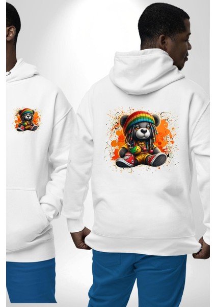 Teddy Bear Ayı Renkli Rasta Ayakkabı Tulum Beyaz Kapüşonlu Sweatshirt Kadın Erkek Ön Minimal Sırt Baskılı