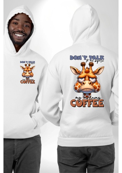 Zürafa Kahve Aşkı Kahveden Önce Konuşmayın Beyaz Kapüşonlu Sweatshirt Kadın Erkek Ön Minimal Sırt Baskılı fırsatları