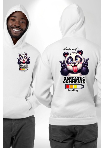 Eğlenceli Panda Mizahi Yükleniyor Yükleme Durumu Beyaz Kapüşonlu Sweatshirt Kadın Erkek Ön Minimal Sırt Baskılı fırsatları