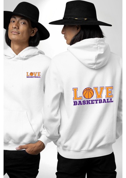 Basketbol Topu Ile Aşk Love Yazılı Beyaz Kapüşonlu Sweatshirt Kadın Erkek Ön Minimal Sırt Baskılı