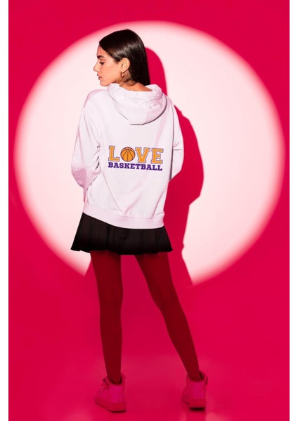 Basketbol Topu Ile Aşk Love Yazılı Beyaz Kapüşonlu Sweatshirt Kadın Erkek Ön Minimal Sırt Baskılı modelleri