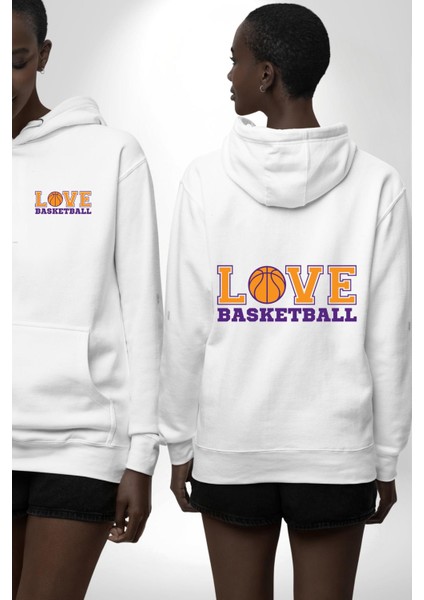 Basketbol Topu Ile Aşk Love Yazılı Beyaz Kapüşonlu Sweatshirt Kadın Erkek Ön Minimal Sırt Baskılı fırsatları