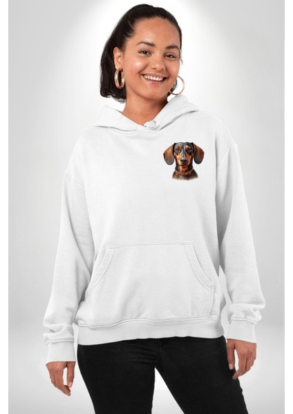 Tatlı Dachshund Köpek Aşkı Beyaz Kapüşonlu Sweatshirt Kadın Erkek Ön Minimal Sırt Baskılı fiyatları
