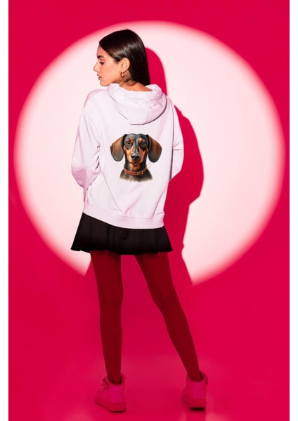 Tatlı Dachshund Köpek Aşkı Beyaz Kapüşonlu Sweatshirt Kadın Erkek Ön Minimal Sırt Baskılı modelleri